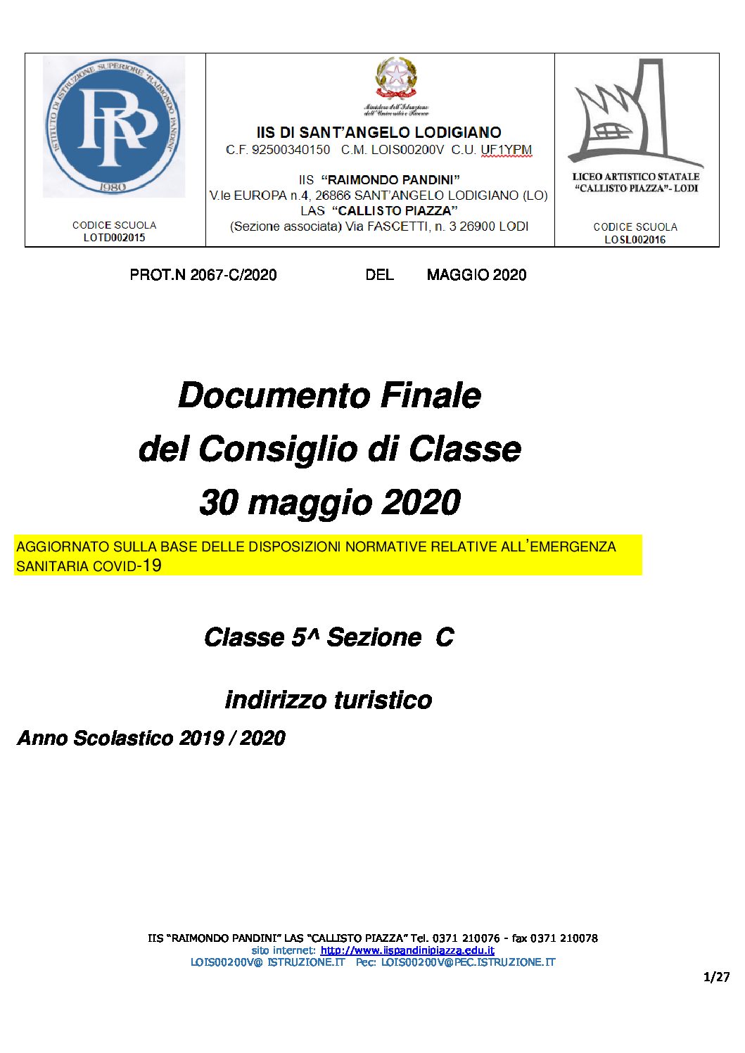 5C TURISTICO-PANDINI DOCUMENTO DEL CONSIGLIO DI CLASSE
